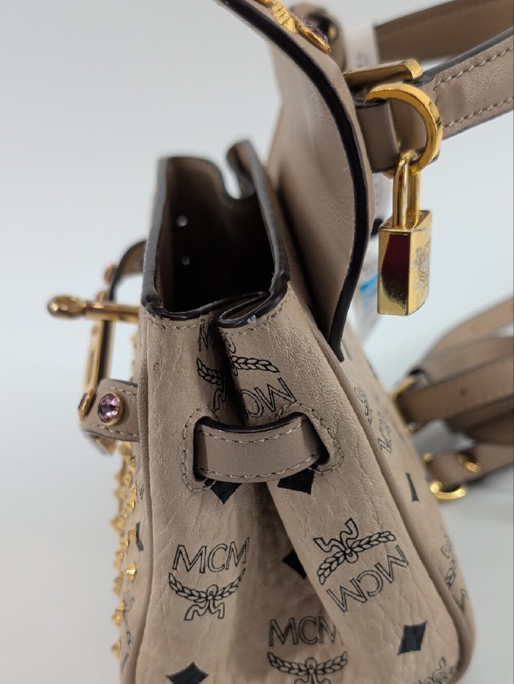 MCM Beige Visetos Top Handle Bag with Gold Hardware and Pink Crystal Studs - Picture 8 of 10